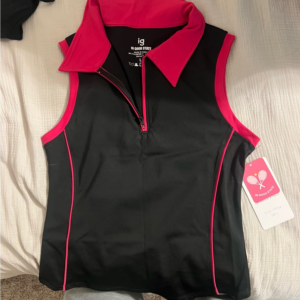 Black and Pink Sleeveless Zip-Up Top